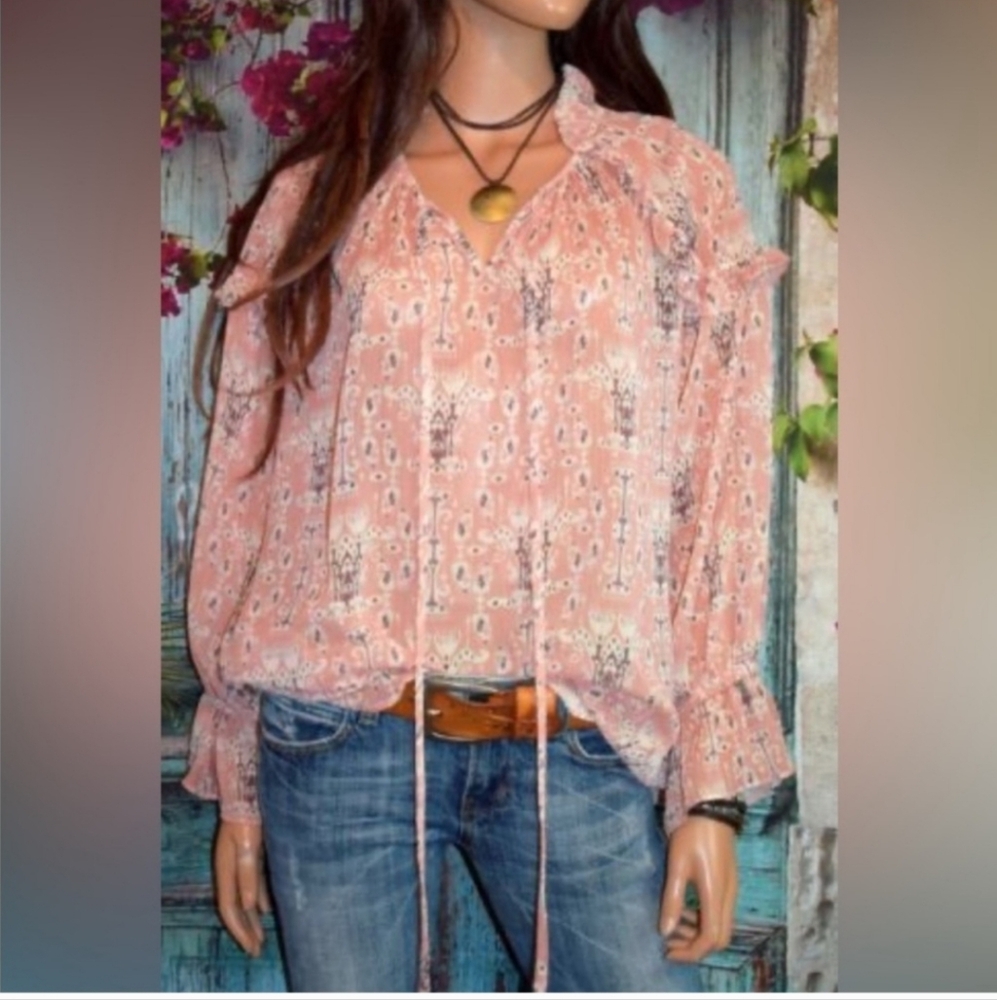 Sundance Semi Sheer Blouse Size Small PTP 24 Inches Peach/ivory/brown